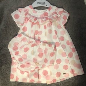 NWT. 2 piece dress w/ matching bloomers. Brand:Mayoral/ Sizes:6-9mo  & 12mo